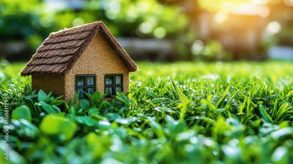 A miniature house sits on the fresh green grass in a garden, illuminated by warm sunlight during the golden hour, creating a serene and peaceful atmosphere A miniature house sits on the fresh green grass in a garden, illuminated by warm sunlight during the golden hour, creating a serene and peaceful atmosphere