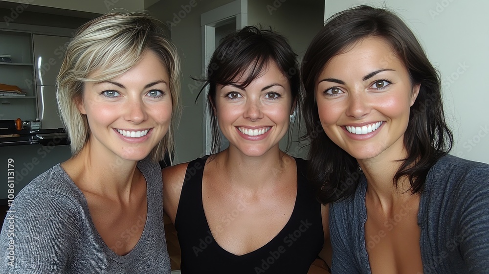 Three friends gather at home for a fun and relaxed day. They pose together, showcasing their bright smiles and camaraderie, filled with laughter and joy Three friends gather at home for a fun and relaxed day. They pose together, showcasing their bright smiles and camaraderie, filled with laughter and joy