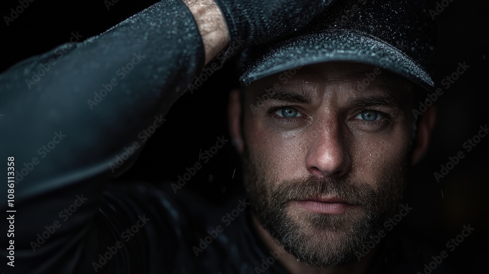 Fototapeta premium A man with a black hat and a black shirt is looking at the camera