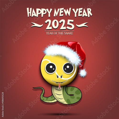 Happy New year. 2025 year of the snake. Cute muzzle snake in the form of a tennis ball. Tennis ball in the form of a snake. Greeting card design template. Vector illustration