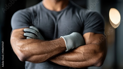 A man with gloves on his arms is standing with his arms crossed