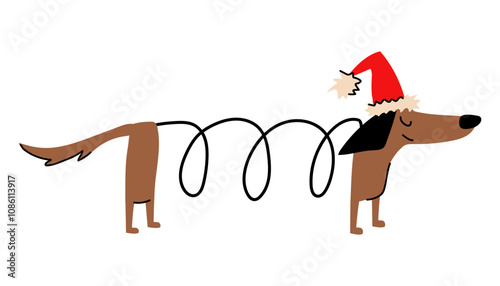 Christmas illustration of a cute dachshund wearing a red hat. Cute doodle dog. Winter holiday character.
