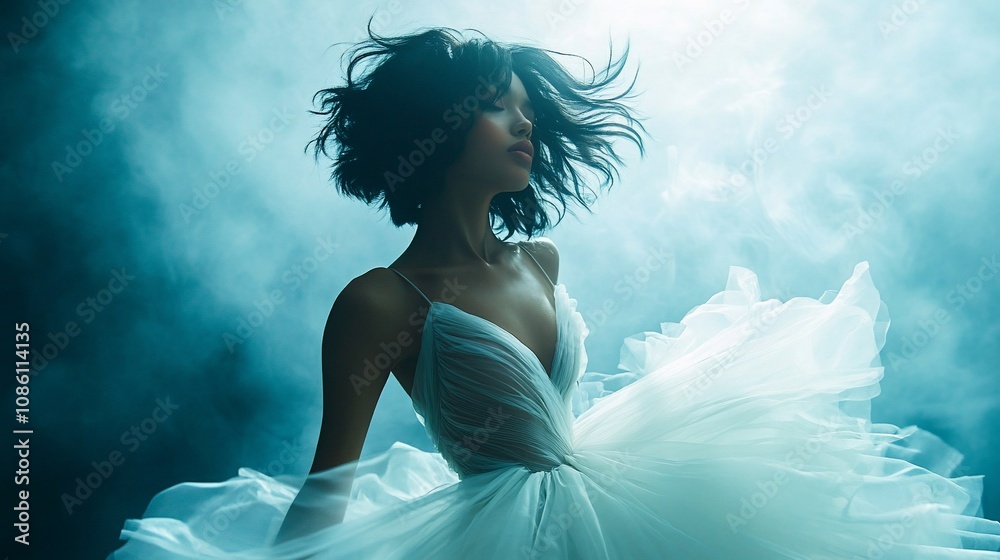 Woman in flowing white dress, ethereal blue smoke background. Woman in flowing white dress, ethereal blue smoke background.