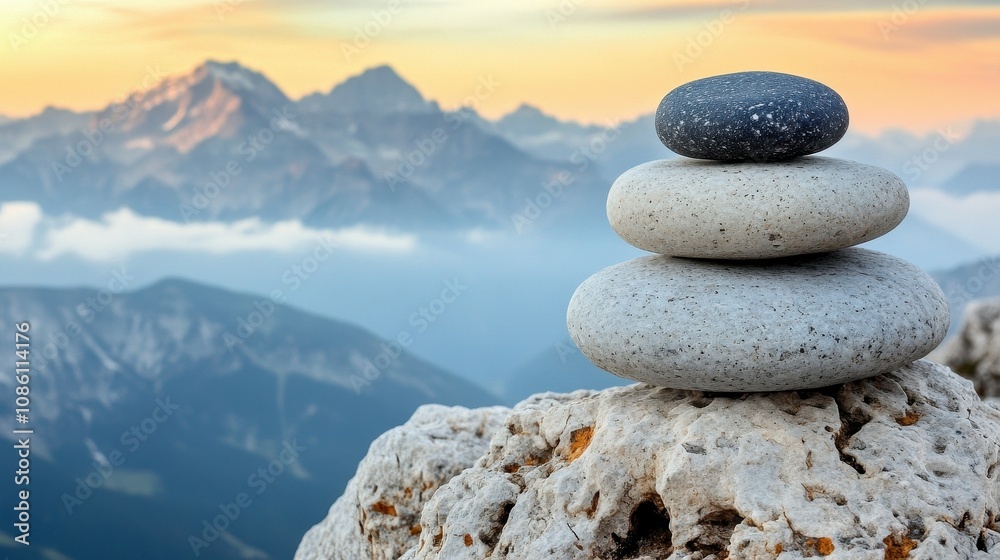 Three smooth stones are carefully balanced on top of each other on a rocky surface. In the background, majestic mountains are illuminated by the warm glow of sunset Three smooth stones are carefully balanced on top of each other on a rocky surface. In the background, majestic mountains are illuminated by the warm glow of sunset