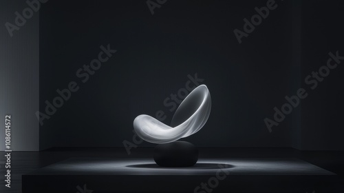 A white chair is sitting on a pedestal in a dark room photo