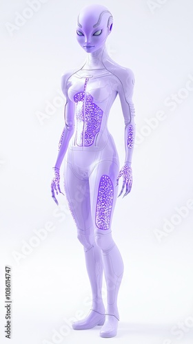 Futuristic Lavender Alien Female Character in High-Tech Outfit on White Background. Ultra-Detailed 3D Model with Bioluminescent Patterns.