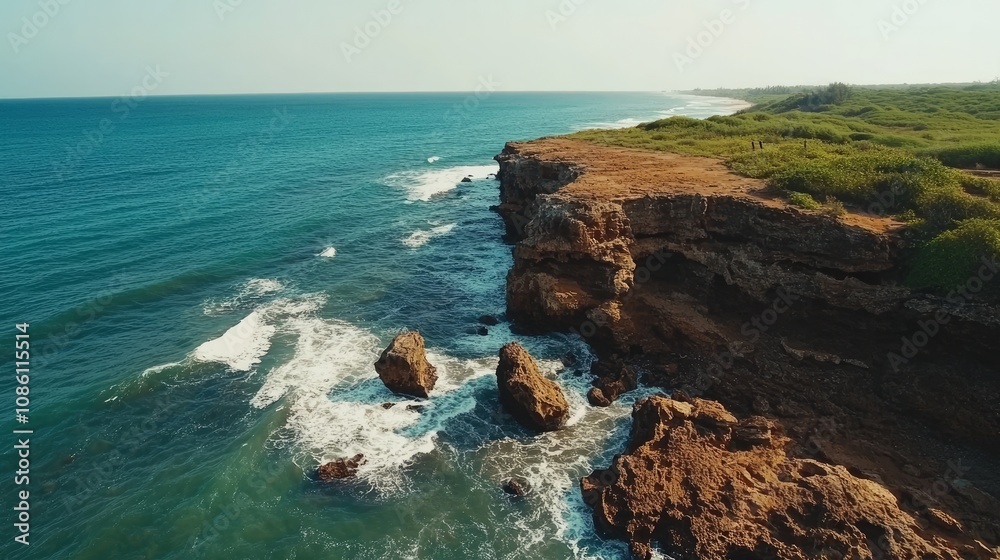 Obraz premium A dramatic top-down view of a rugged beach and rocky cliffs by the Indian Ocean.