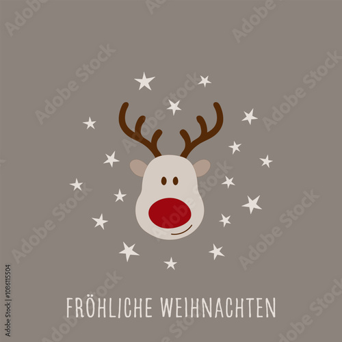 Fröhliche Weihnachten  - Schriftzug in deutscher Sprache. Quadratische Grußkarte mit einem niedlichen Elch mit roter Nase.