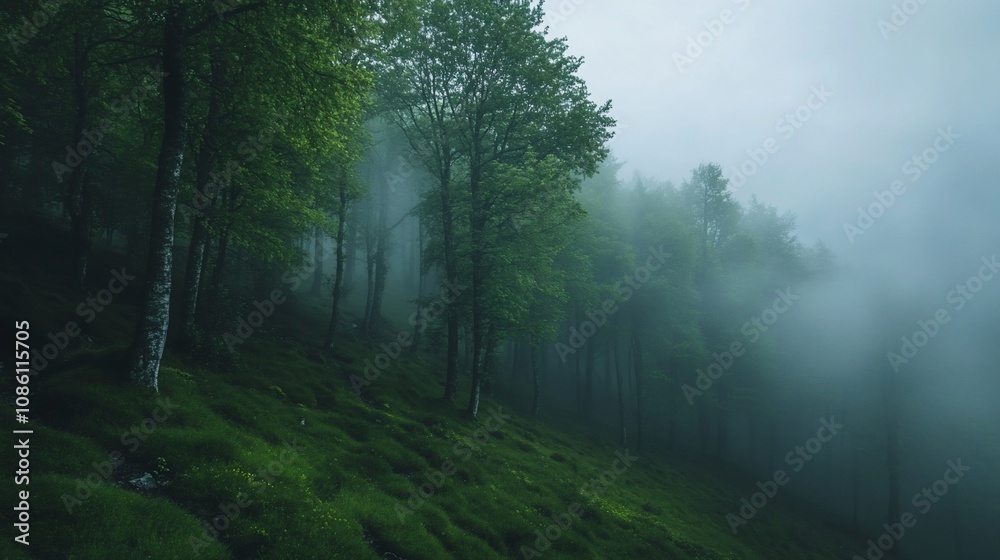 Naklejka premium Misty forest scene with lush green hillside and fog-covered trees.