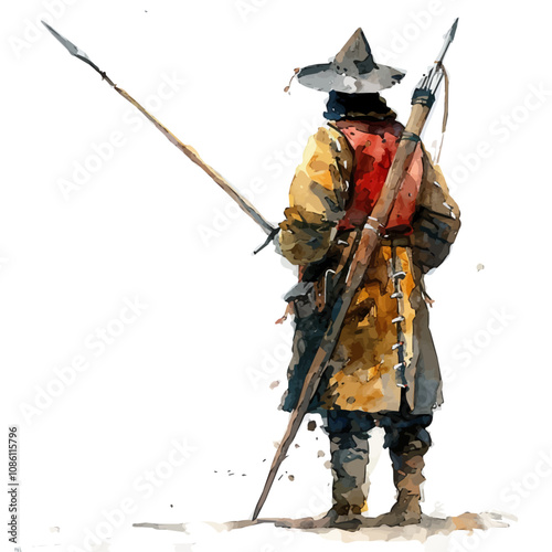 A watercolor painting of a castle guard with a halberd, isolated on a white background. Castle guard with a halberd vector.