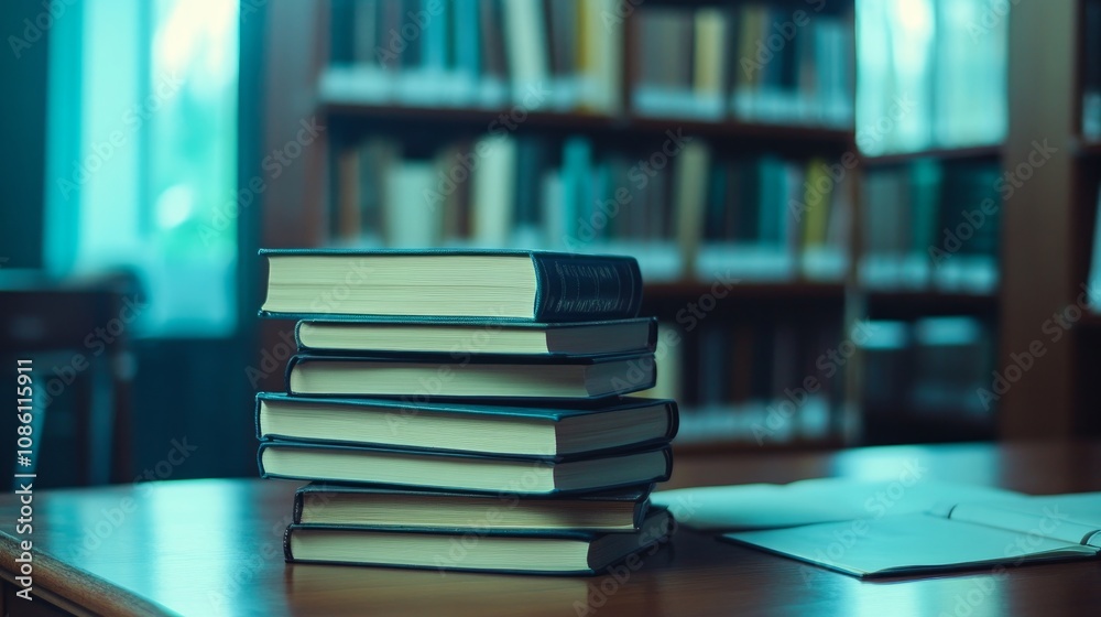 A pile of books neatly stacked on a wooden desk in a quiet library.
A pile of books neatly stacked on a wooden desk in a quiet library.
