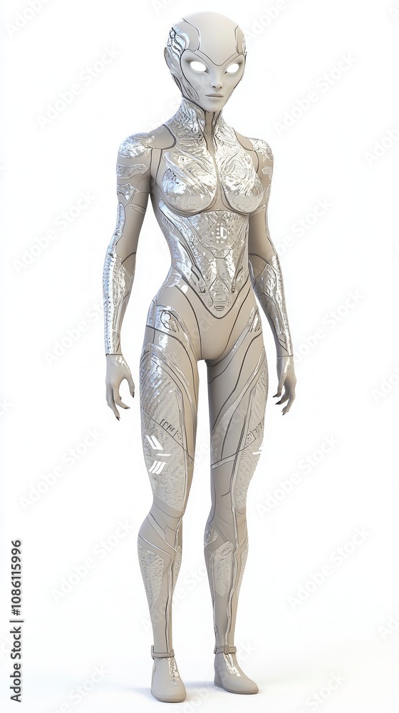 Futuristic Alien Female Character with Shimmering Silver Skin and Intricate Facial Tattoos on Isolated White Background, Ultra-Detailed 3D Model Futuristic Alien Female Character with Shimmering Silver Skin and Intricate Facial Tattoos on Isolated White Background, Ultra-Detailed 3D Model