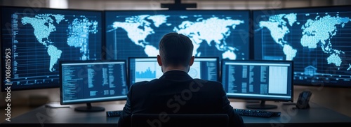 Professionals analyzing global data on multiple monitors in a national security environment