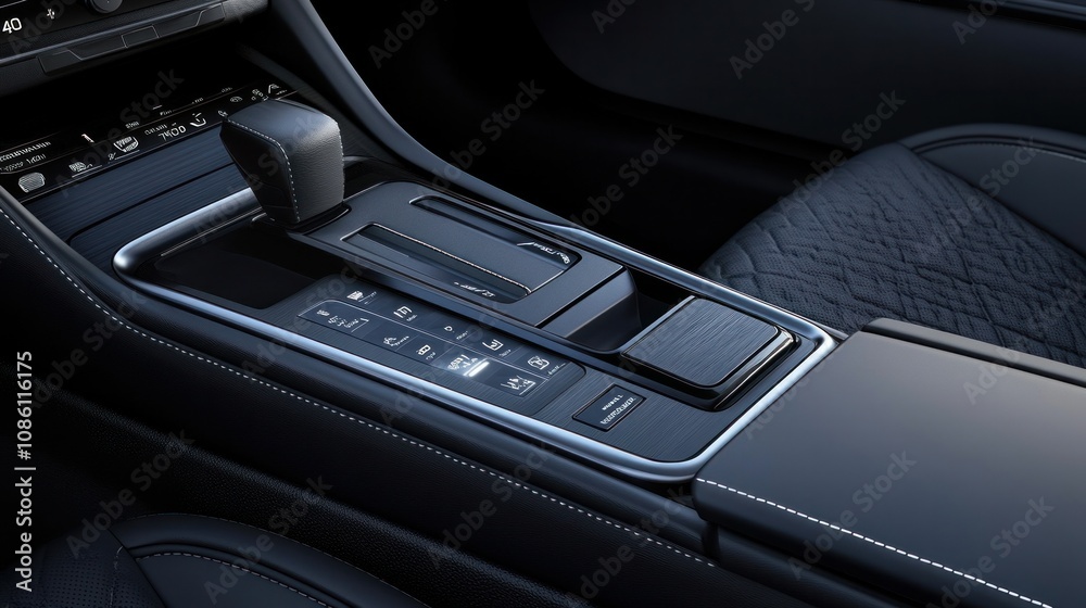 A sleek, modern automatic gear selector in an electric car, detailed close-up.
A sleek, modern automatic gear selector in an electric car, detailed close-up.