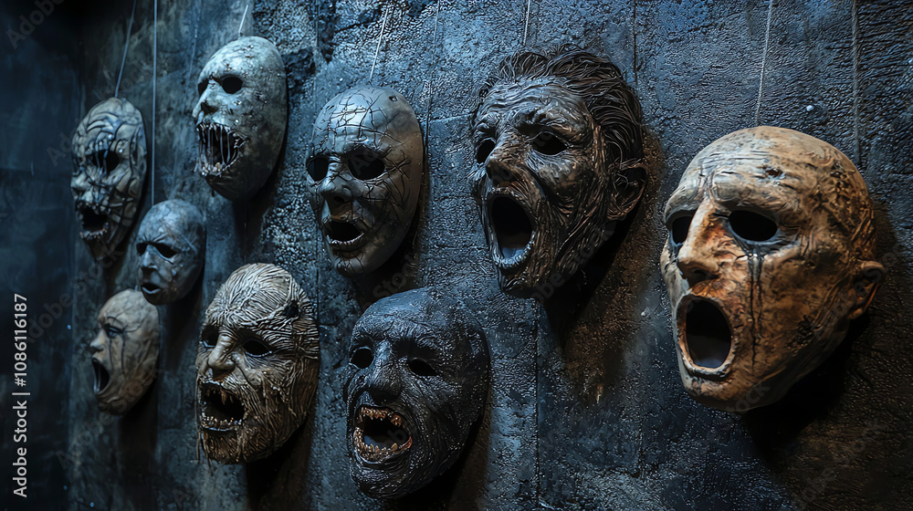 A chilling display of haunted masks on a dark wall, showcasing expressions of terror and despair in a shadowy setting A chilling display of haunted masks on a dark wall, showcasing expressions of terror and despair in a shadowy setting