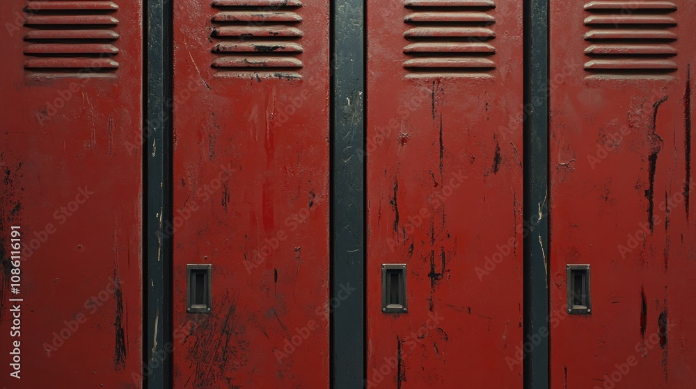Bright red school lockers lined up in a hallway, captured up-close.
Bright red school lockers lined up in a hallway, captured up-close.