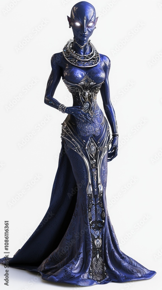 Fototapeta premium Extraterrestrial Elegance: A Stunning 3D Model of a Graceful Alien Female in Indigo Skin and Elegant Attire