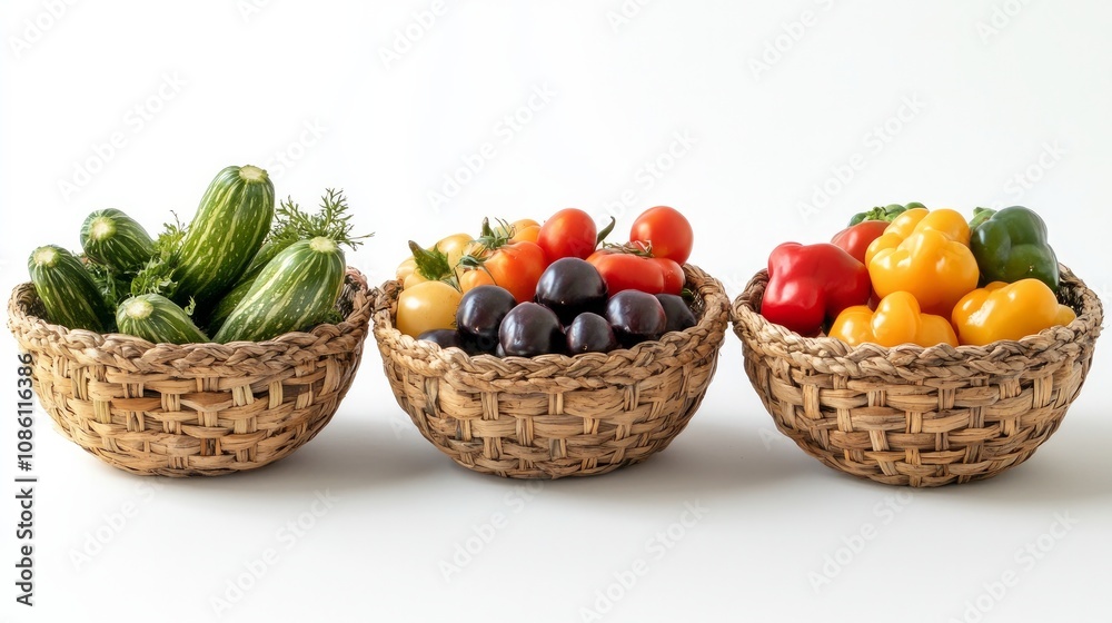 A variety of colorful fresh vegetables arranged in a basket against a white backdrop.
A variety of colorful fresh vegetables arranged in a basket against a white backdrop.