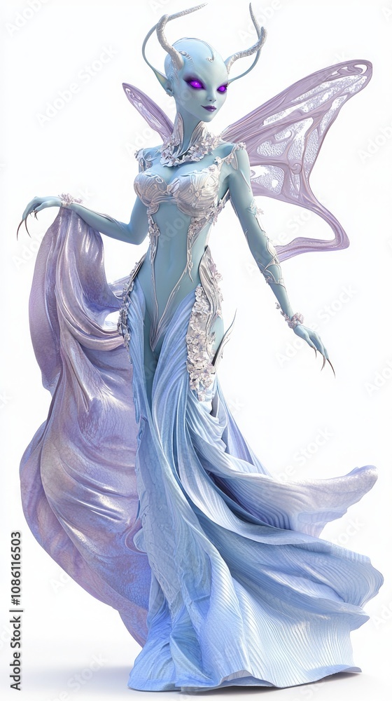 Ethereal Alien Female Character with Blue Skin and Violet Eyes in Flowing Gown on Isolated Background, Ultra-Detailed 3D Model Ethereal Alien Female Character with Blue Skin and Violet Eyes in Flowing Gown on Isolated Background, Ultra-Detailed 3D Model