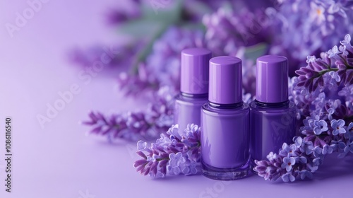 A set of matching purple nail polish bottles on a monochromatic purple surface.