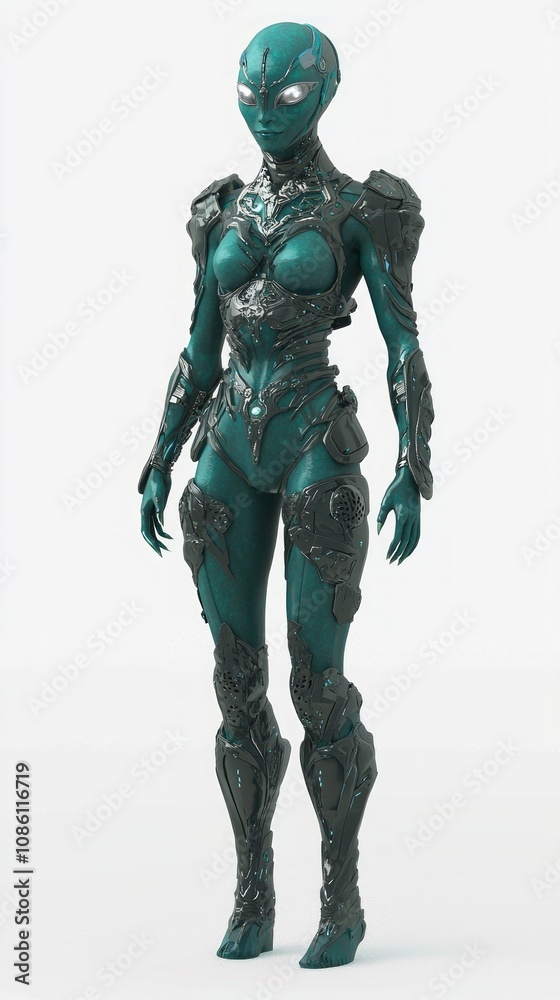 Futuristic Alien Female Character with Teal Skin and Advanced Technology Armor Suit on Isolated White Background. Futuristic Alien Female Character with Teal Skin and Advanced Technology Armor Suit on Isolated White Background.