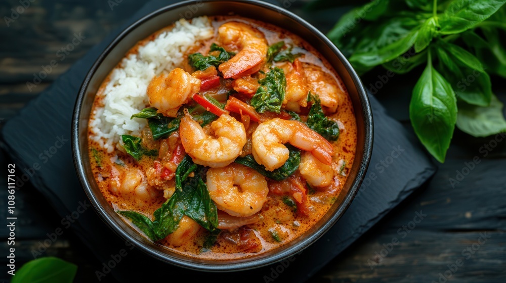 Close-up of luxurious Thai red curry with shrimp and rice, beautifully lit for an elegant dining experience Close-up of luxurious Thai red curry with shrimp and rice, beautifully lit for an elegant dining experience