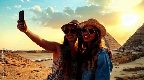 Two young tourist girls standing in front of Giza pyramids at sunset. Happy travelers taking selfies in Egypt