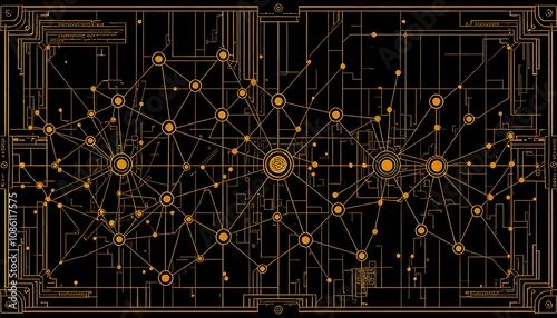 Stylized Steampunk Circuit Board Blueprint in Gold - Art Deco Tech Visualization