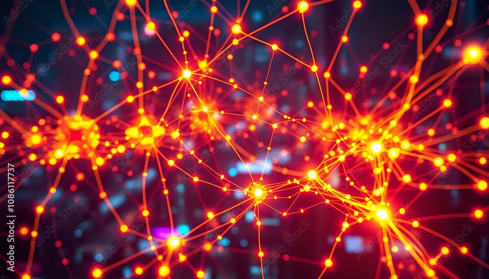 Fototapeta premium Cyberpunk Data Network - Neon Circuit Board Nodes Radiating Outwards