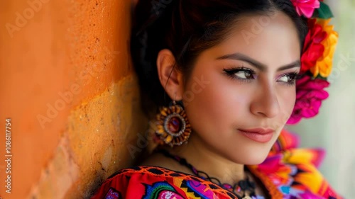 Beautiful attractive Mexican lady in national cloths looking at camera