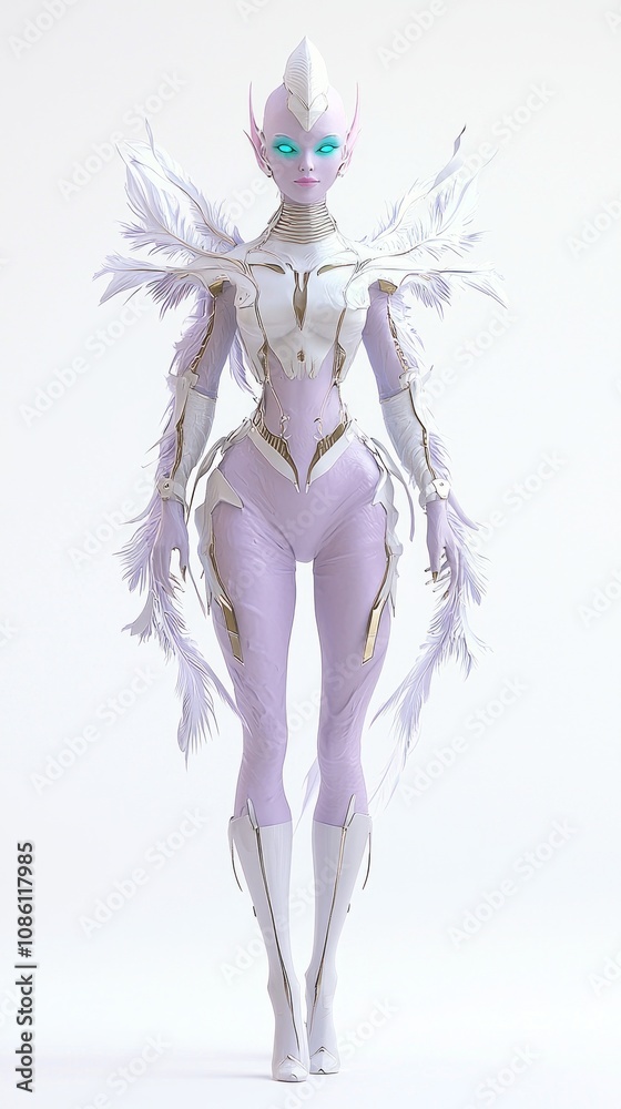 Obraz premium Graceful Alien Female Character with Lavender Skin and Turquoise Eyes in Futuristic Outfit on White Background