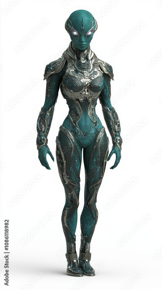 Futuristic Alien Female Character in Advanced Armor Suit on Isolated White Background, 3D Render with Teal Skin and Silver Eyes Futuristic Alien Female Character in Advanced Armor Suit on Isolated White Background, 3D Render with Teal Skin and Silver Eyes