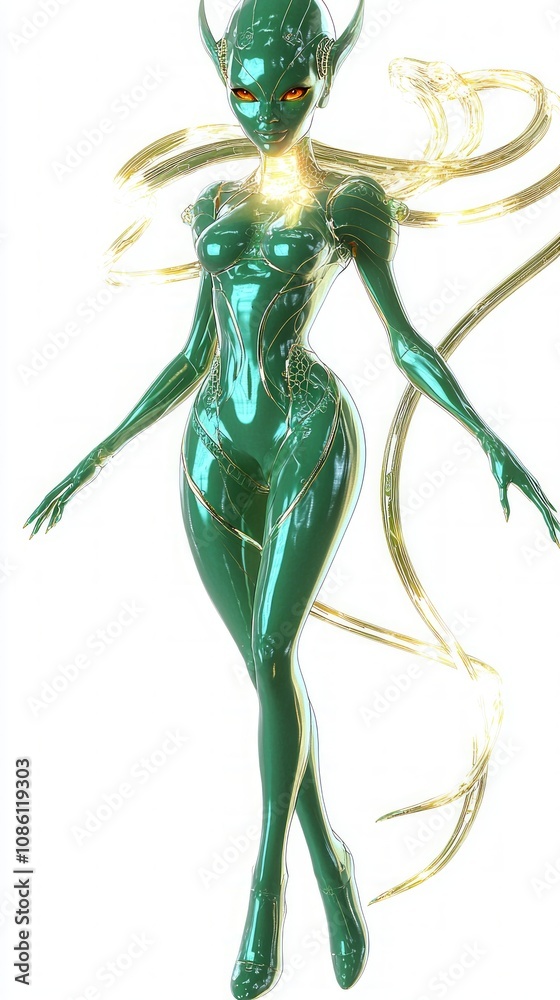 Futuristic Alien Female Character in Chic Outfit with Emerald Skin and Amber Eyes on Isolated White Background Futuristic Alien Female Character in Chic Outfit with Emerald Skin and Amber Eyes on Isolated White Background
