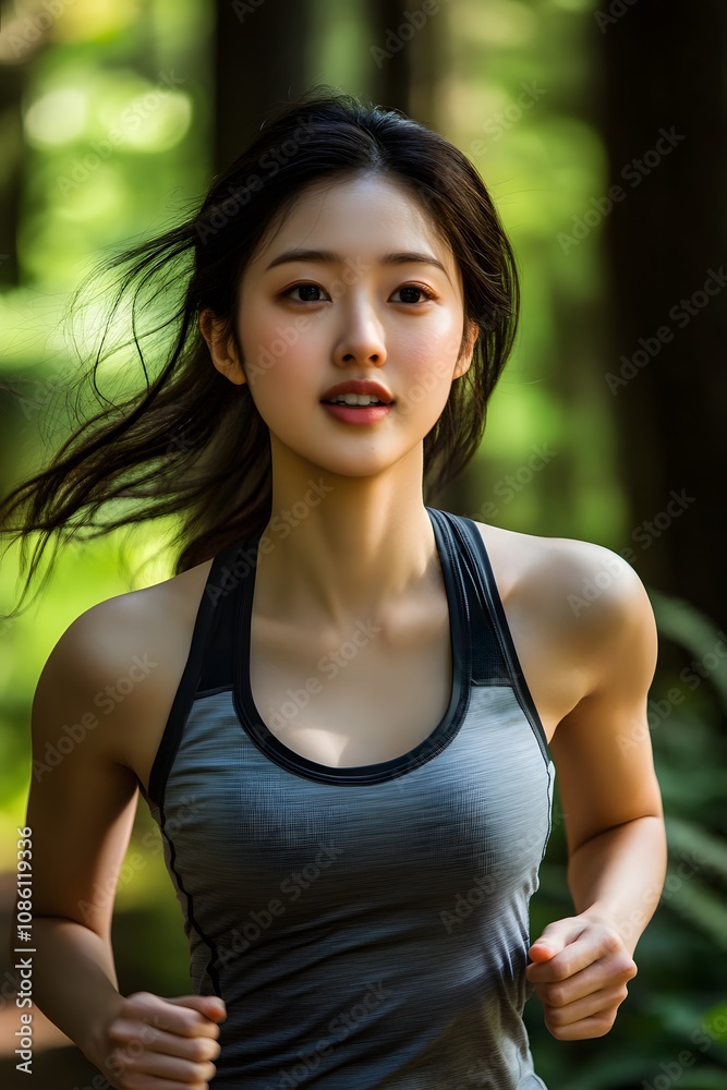 Asian woman in a sporty top jogging Asian woman in a sporty top jogging