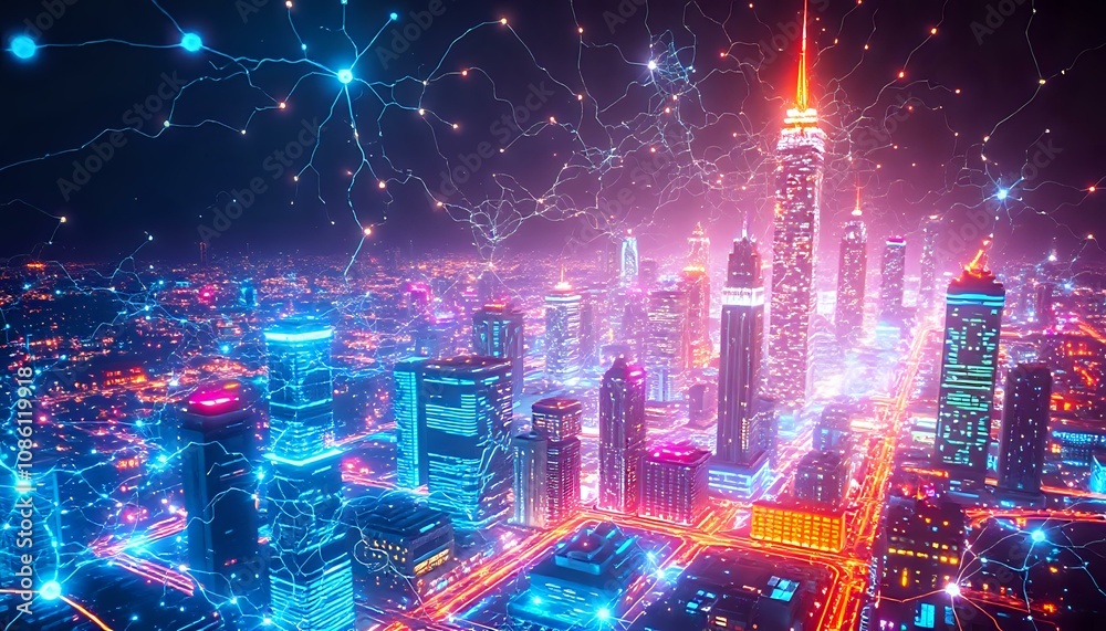 Obraz premium Luminous Cyberpunk Cityscape at Night with Bioluminescent Buildings