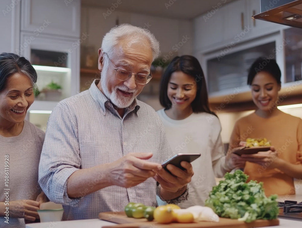 An older adult using a smartphone in a modern kitchen, with a family of different races gathered around, helping each other cook An older adult using a smartphone in a modern kitchen, with a family of different races gathered around, helping each other cook