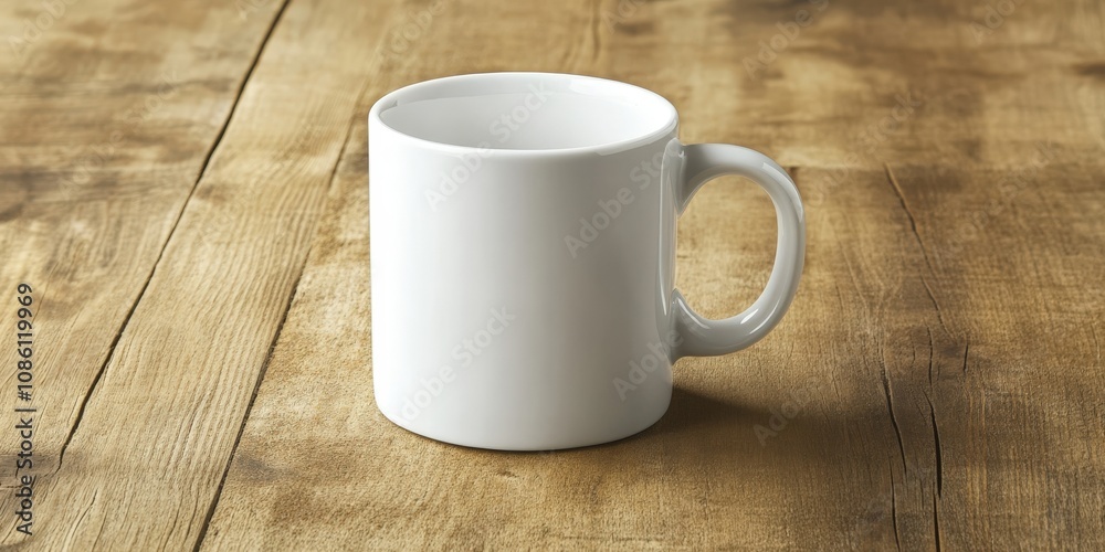 Close-up of a white coffee mug on a plain wooden table with plenty of empty space around, emphasizing simplicity and focus Close-up of a white coffee mug on a plain wooden table with plenty of empty space around, emphasizing simplicity and focus