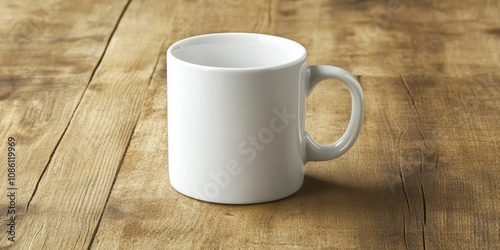 Close-up of a white coffee mug on a plain wooden table with plenty of empty space around, emphasizing simplicity and focus