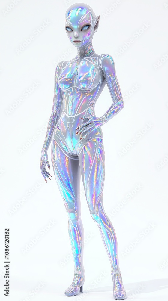 Exotic Iridescent Alien Female 3D Character in Luminescent Bodysuit on White Background - Ultra-Detailed Sci-Fi Concept Exotic Iridescent Alien Female 3D Character in Luminescent Bodysuit on White Background - Ultra-Detailed Sci-Fi Concept