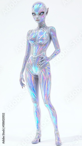 Exotic Iridescent Alien Female 3D Character in Luminescent Bodysuit on White Background - Ultra-Detailed Sci-Fi Concept