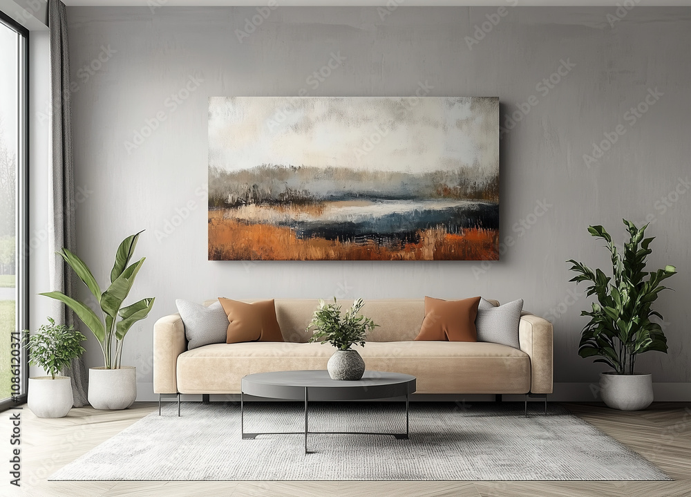 Beautiful Modern livingroom decorated interior with bright sun light, soft cotton luxury sofa with pillows, abstract concept art on the wall in the background, mock up for home decor Beautiful Modern livingroom decorated interior with bright sun light, soft cotton luxury sofa with pillows, abstract concept art on the wall in the background, mock up for home decor