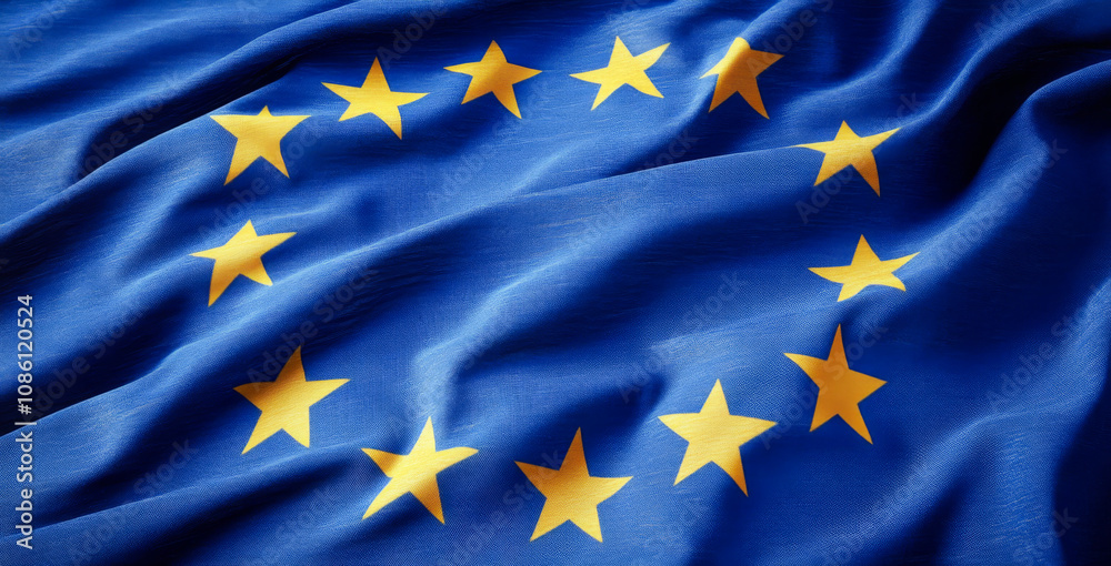 A blue and yellow flag with a star pattern. The flag is from Europe. The flag is waving in the wind A blue and yellow flag with a star pattern. The flag is from Europe. The flag is waving in the wind