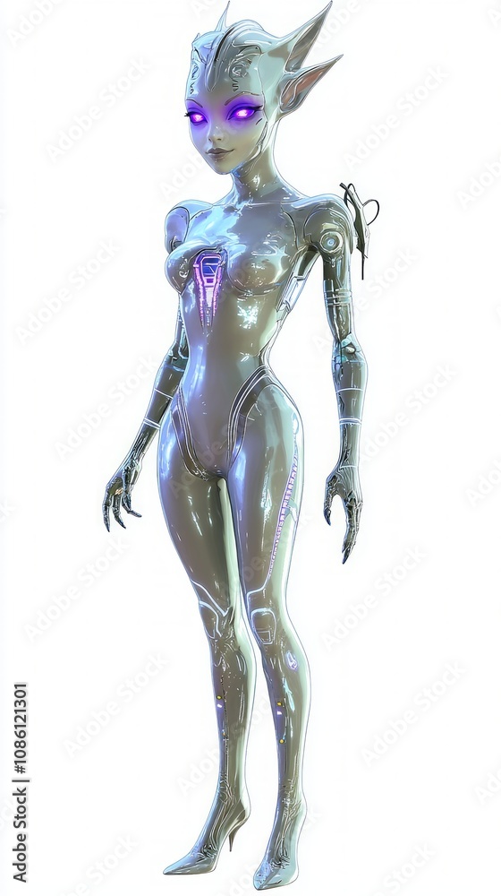 Futuristic Alien Female Character - 3D Model with Silver Skin, Purple Eyes, and Glowing Outfit on Isolated Background Futuristic Alien Female Character - 3D Model with Silver Skin, Purple Eyes, and Glowing Outfit on Isolated Background