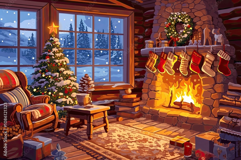 Obraz premium A cozy wooden cabin surrounded by snow-covered trees creates a warm winter atmosphere in a tranquil forest setting, capturing the essence of a peaceful holiday retreat