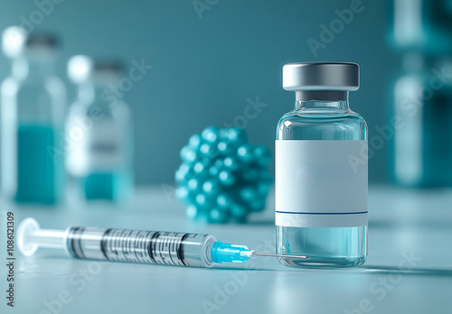 A bottle of medicine with a syringe next to it. The bottle is blue and the syringe is silver