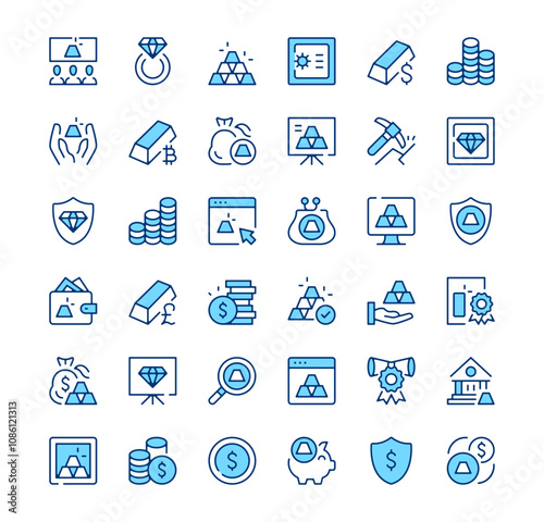 Gold icons. Outline symbols. Vector blue line icons set