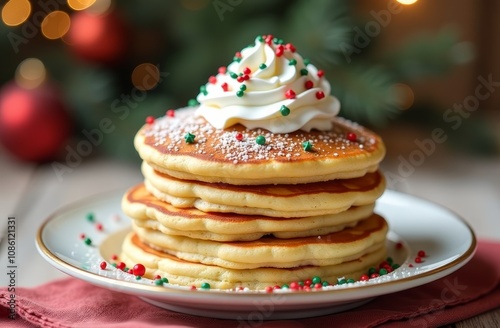 Christmas breakfast design featuring a stack of pancakes topped with whipped cream and festive sprinkle photo