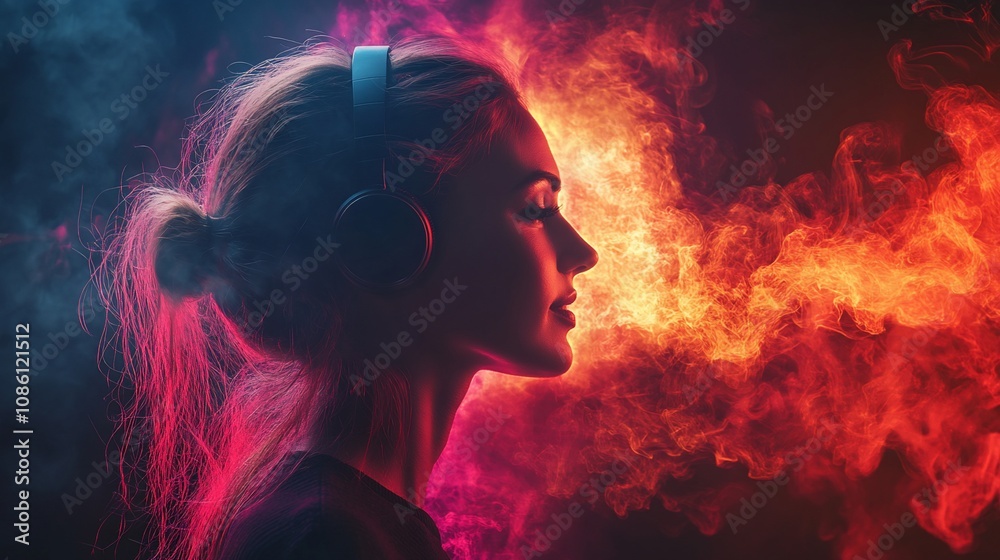 Woman with headphones, profile view, surrounded by vibrant smoke. Woman with headphones, profile view, surrounded by vibrant smoke.