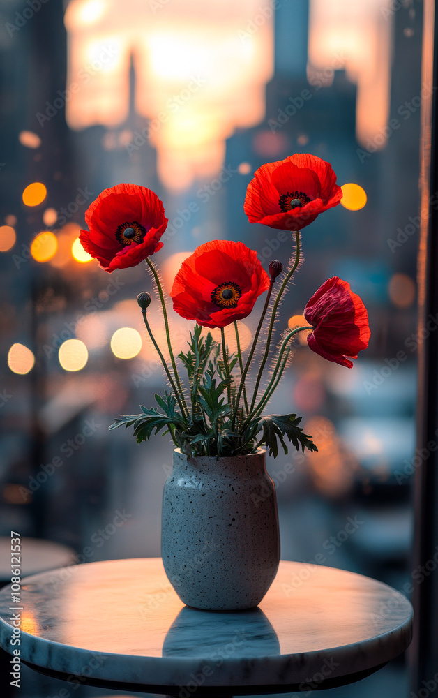 A vase of red flowers sits on a table in front of a city skyline. The flowers are in full bloom, and the vase is white. Concept of peace and tranquility A vase of red flowers sits on a table in front of a city skyline. The flowers are in full bloom, and the vase is white. Concept of peace and tranquility