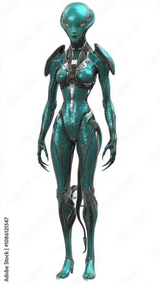 Futuristic Alien Female Character in Striking Outfit on White Background Futuristic Alien Female Character in Striking Outfit on White Background